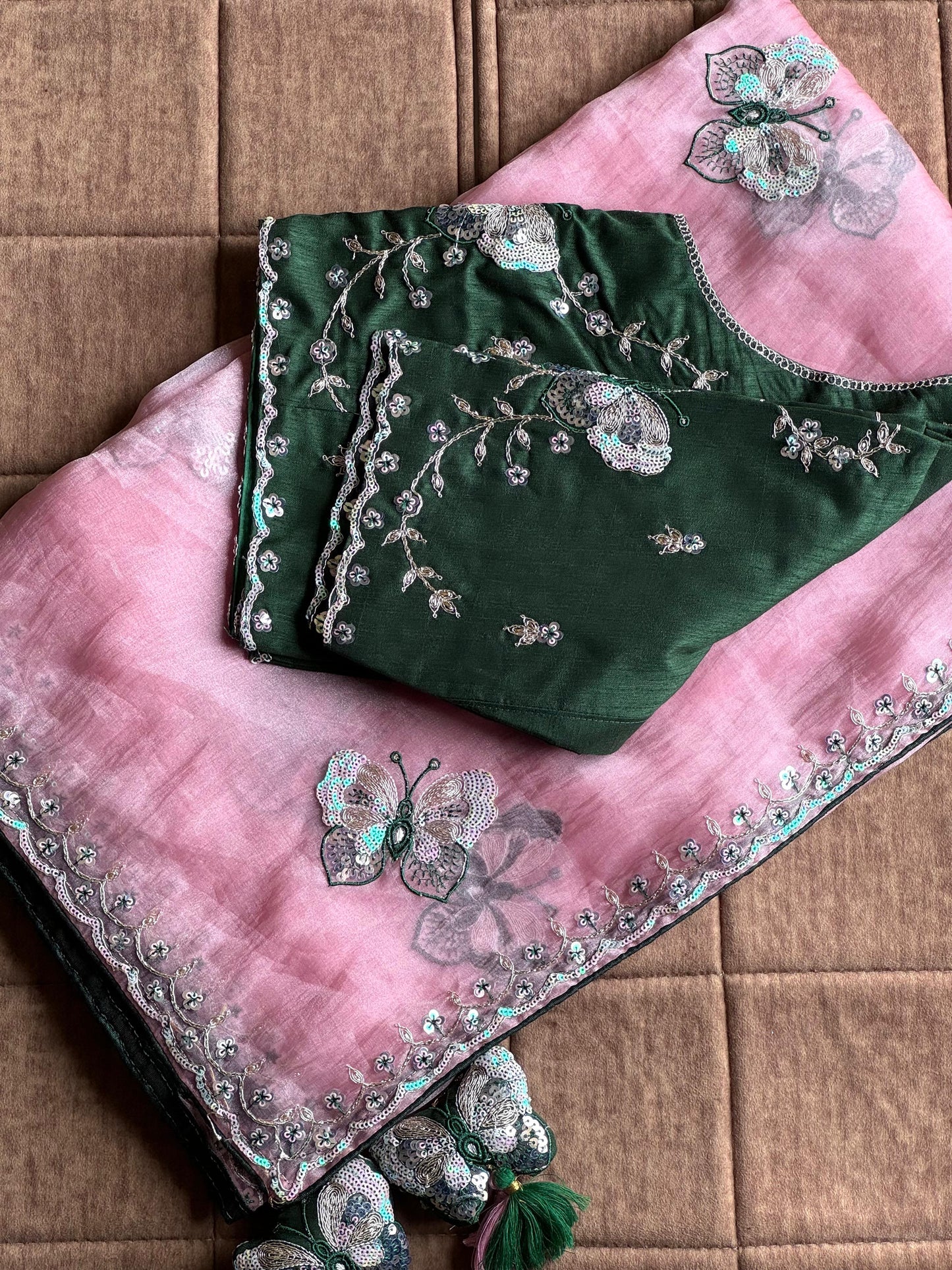 Luxe organza coding saree with stitched blouse