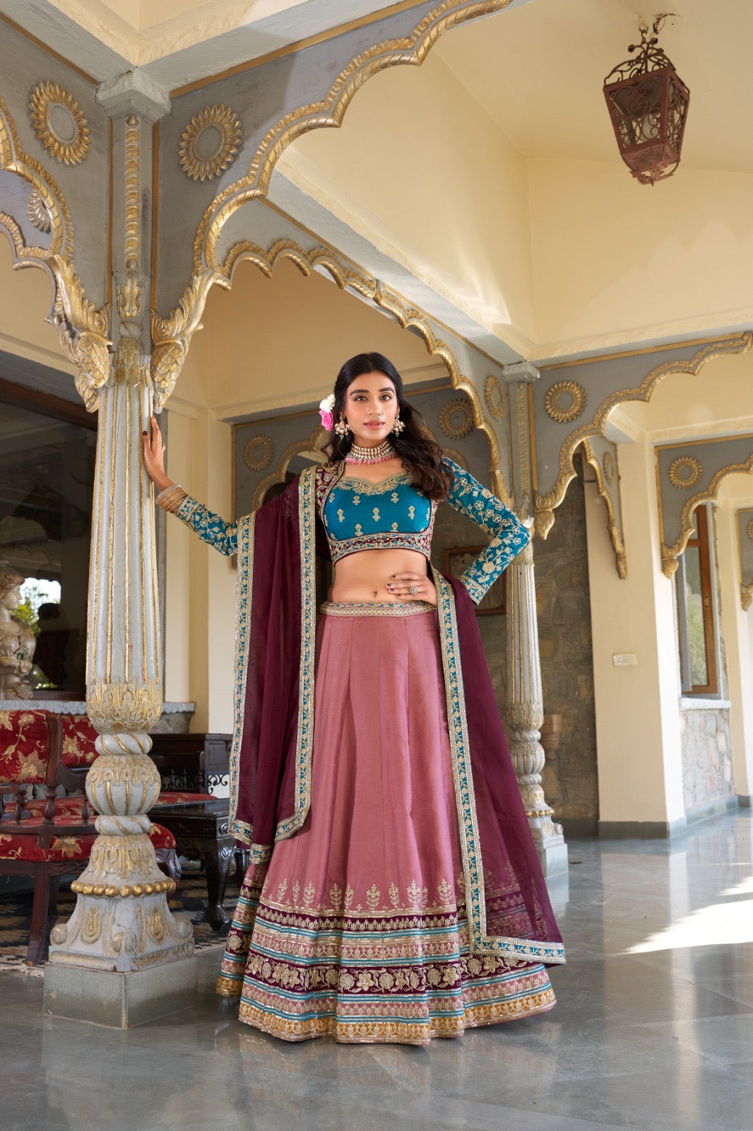 Moonga silk sequiens thread work Lehenga