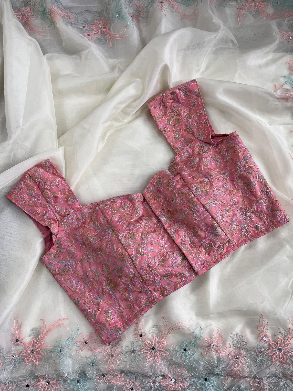 Multi coloured Work saree with stitched blosue