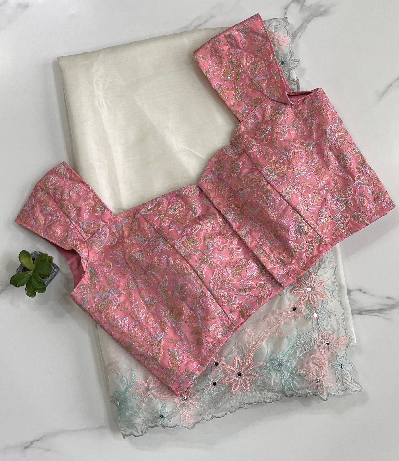 Multi coloured Work saree with stitched blosue