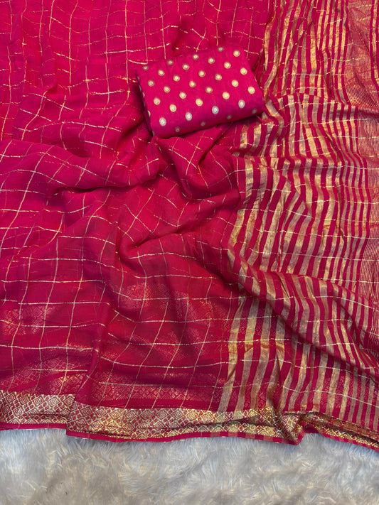 Trendy pure soft checks Chinon saree