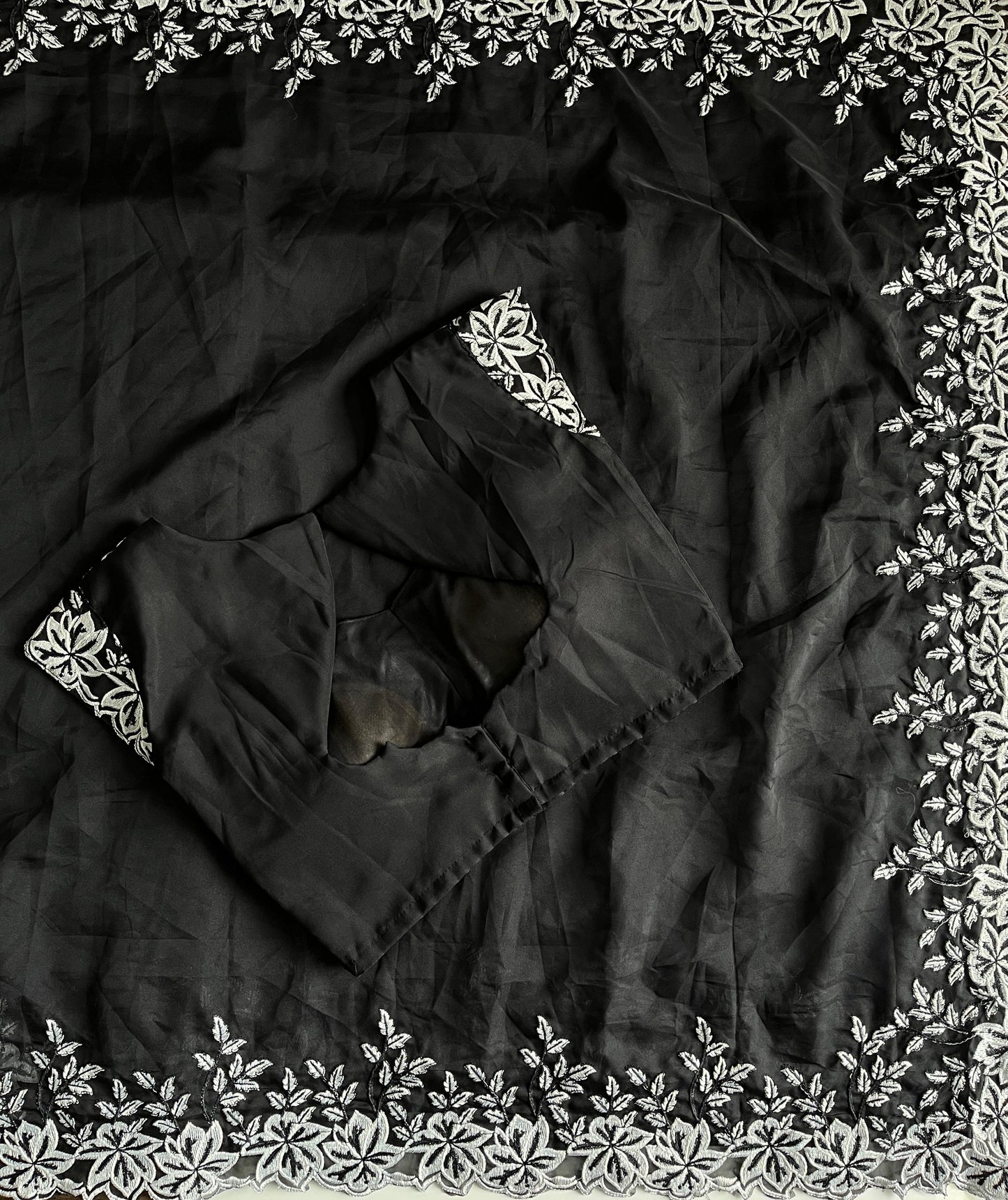 Tabi silk saree with white thread work on saree with stiched blouse