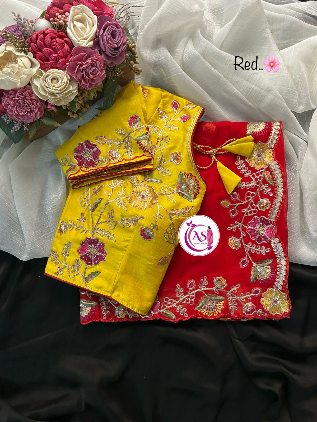 Organza blooming sari with designer stitched blouse