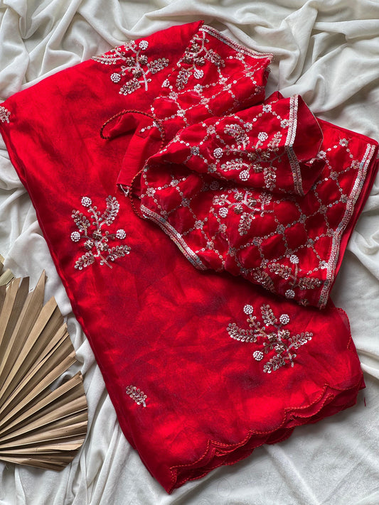 Soft silk with beads flower work saree with stitched blouse