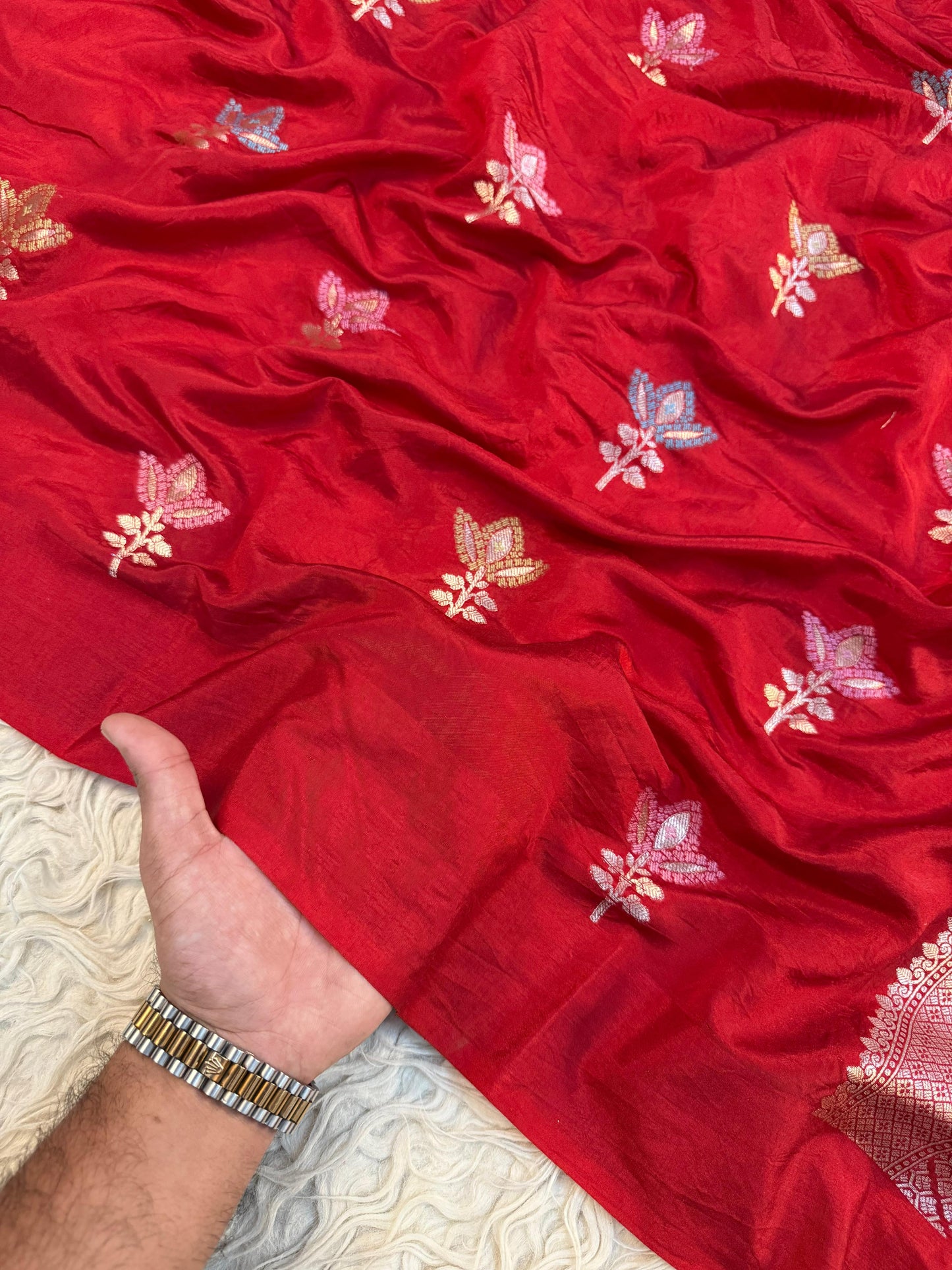 Semi pattu traditional gold zari red minakari saree