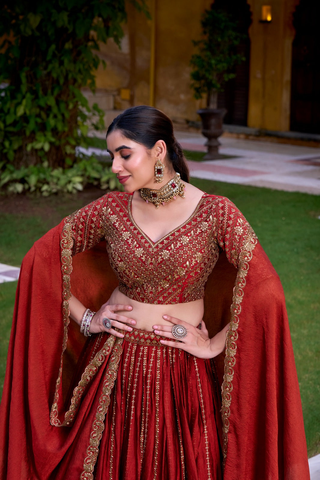 Rust Orange Lehenga Chili Embroidery Lehenga Luxe