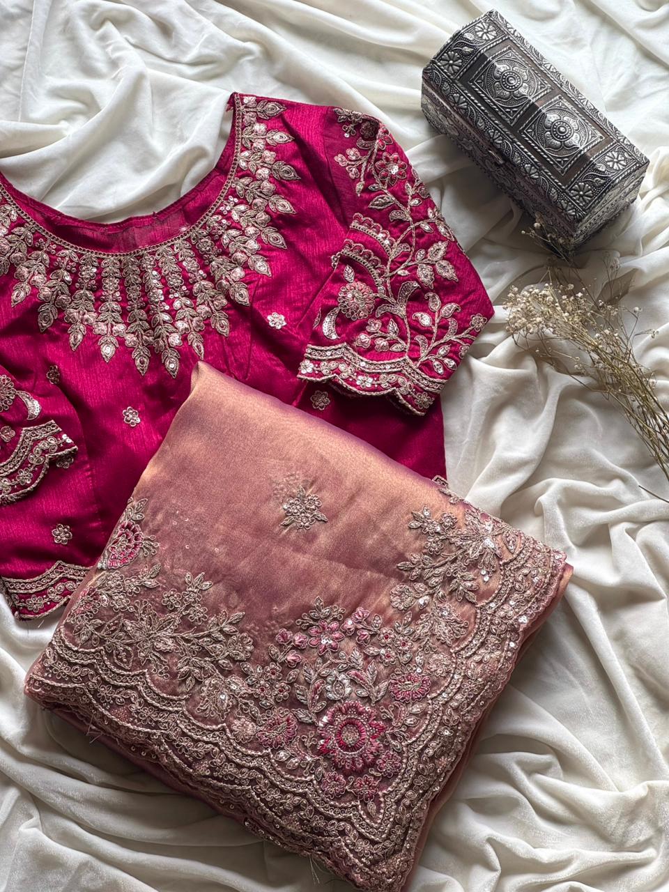 Blush Pink Premium Tissue Luxe Sequence saree with stitched blouse