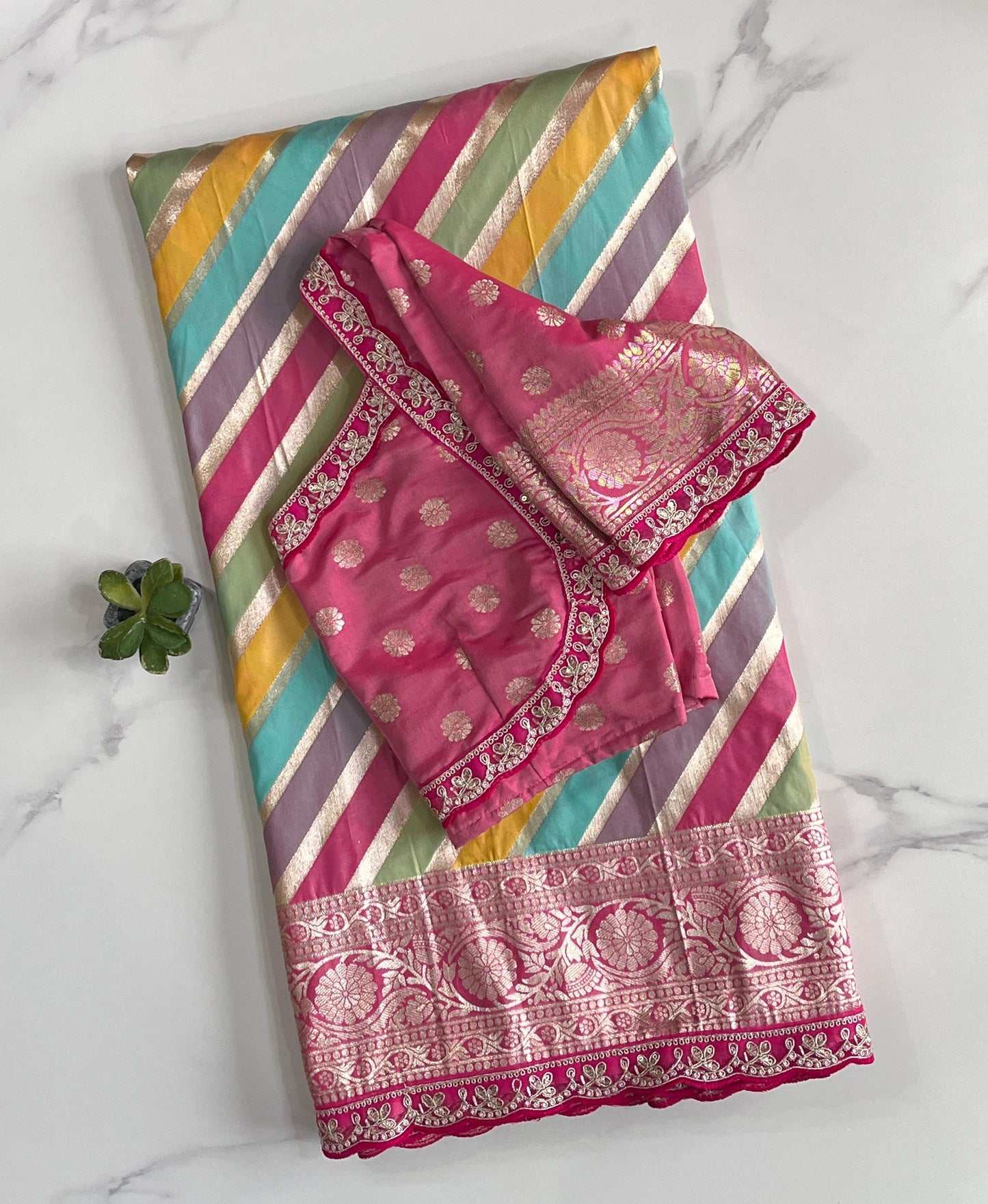 Banarasi pattu saree with lehariya stiched blouse