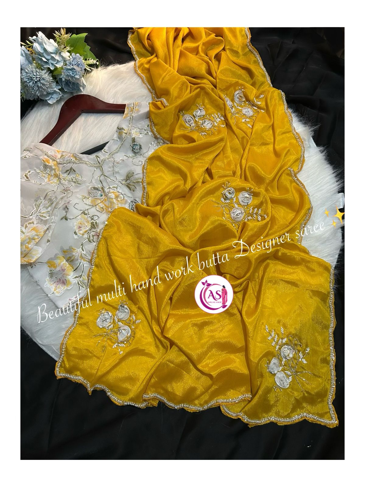 Chinon designer Moti mirror, hand, cut stitched blouse sarees