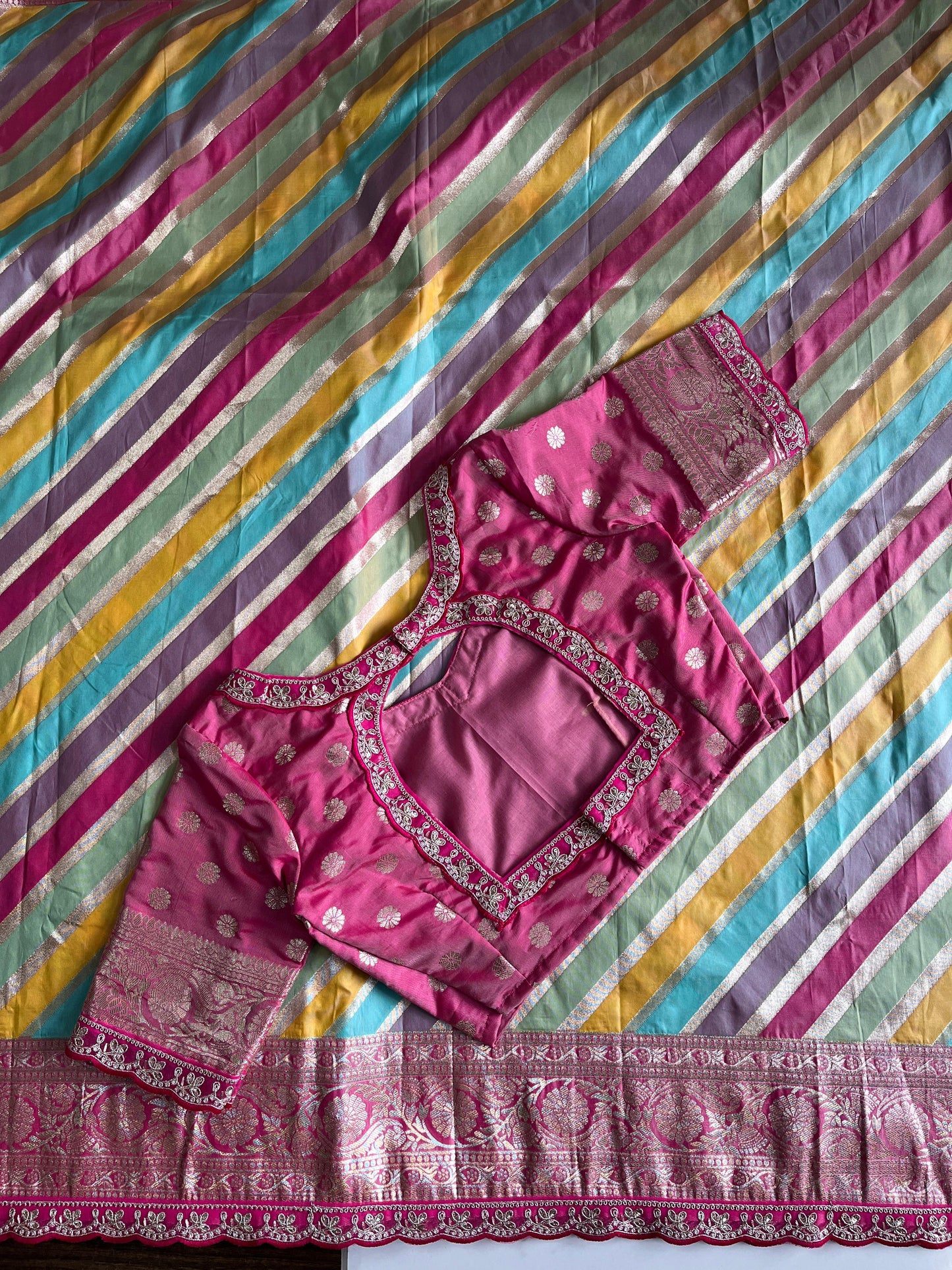 Banarasi pattu saree with lehariya stiched blouse