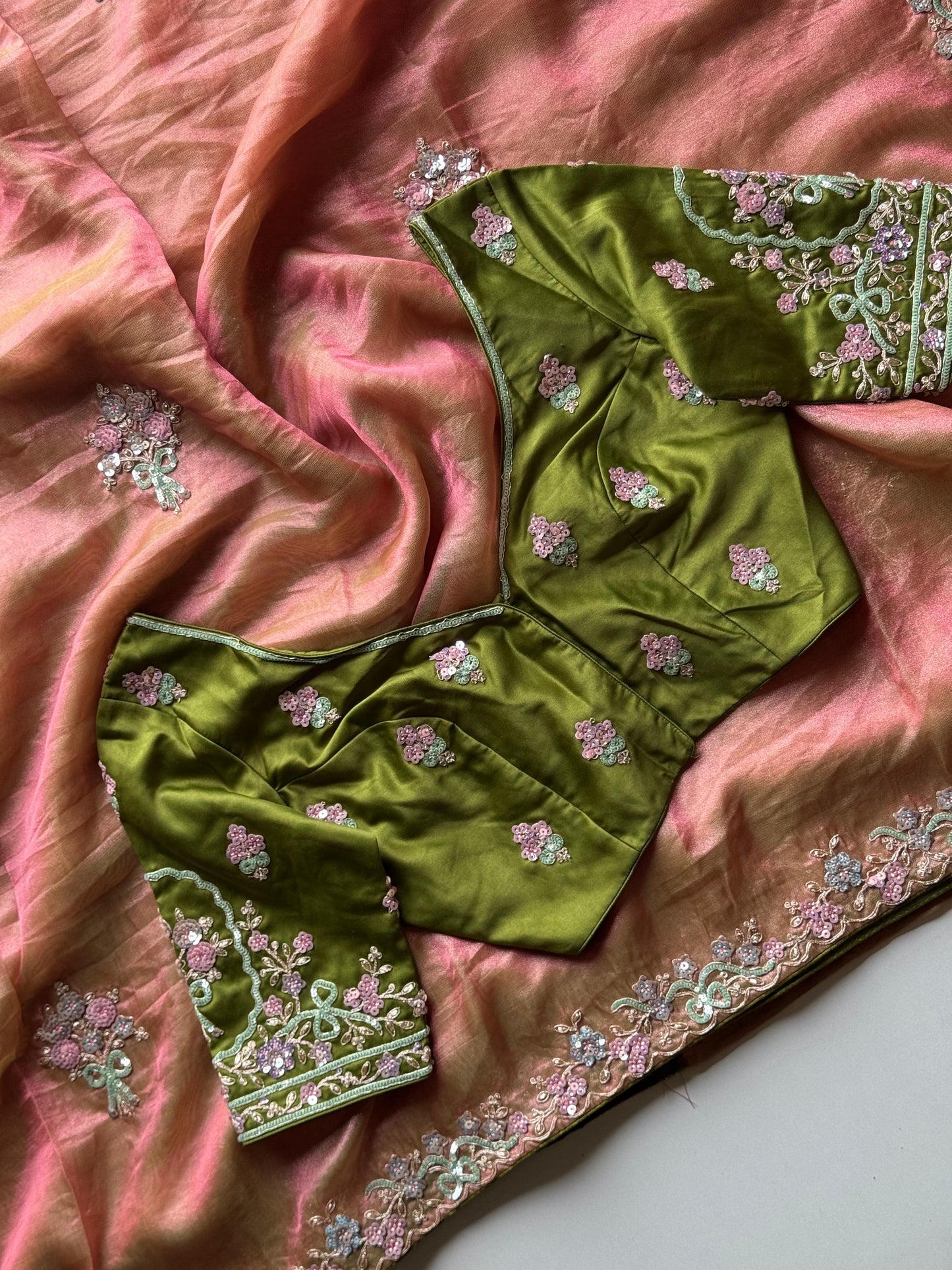 Luxe tissues silk Coding work sequences stitched
Blouse
