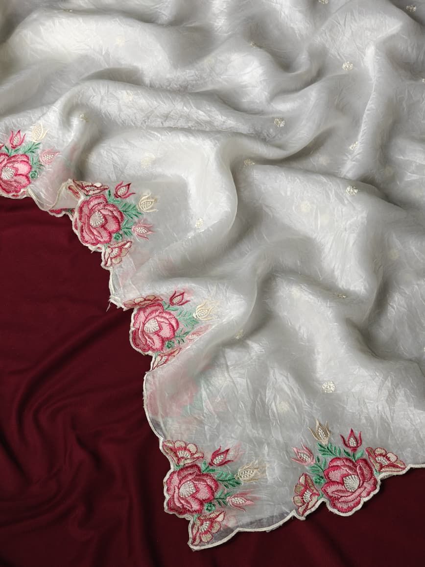 Crush Silk Embroidery Cutwork saree with stitched blouse