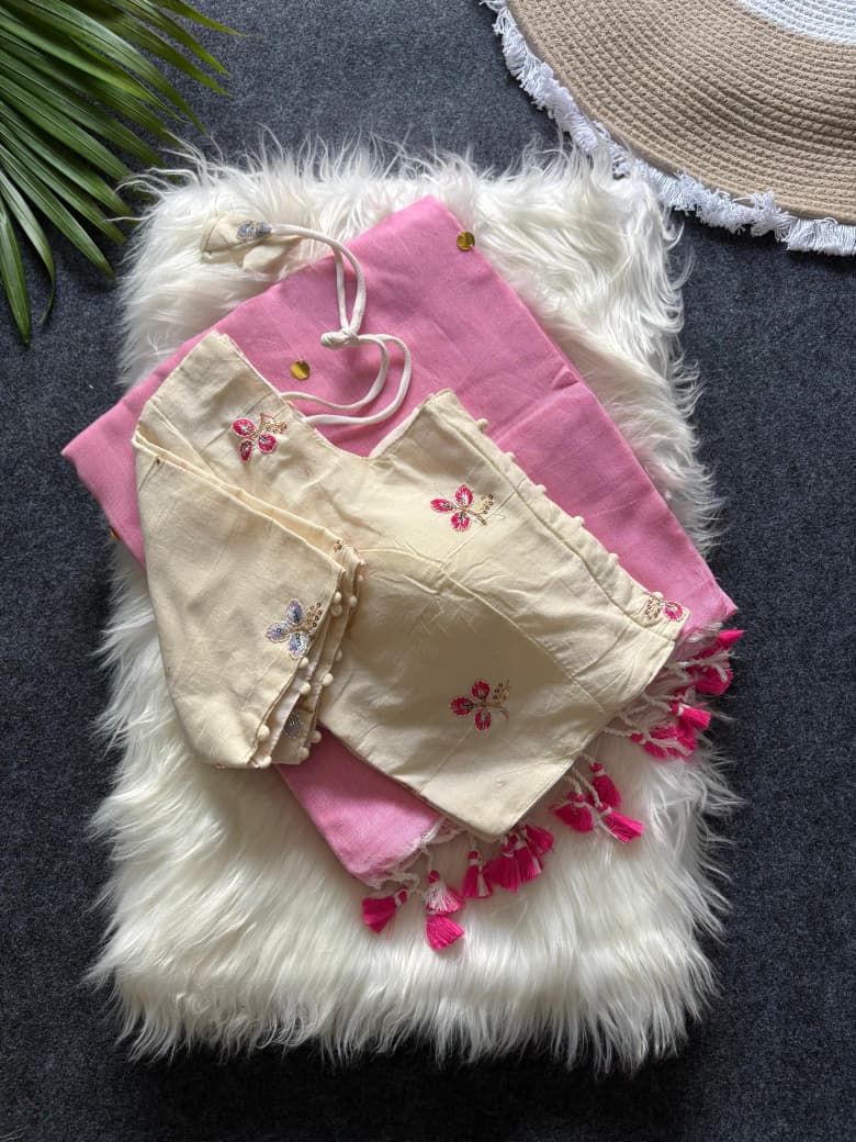 Khadi Cotton saree with fully stitched Embroidery Blouse