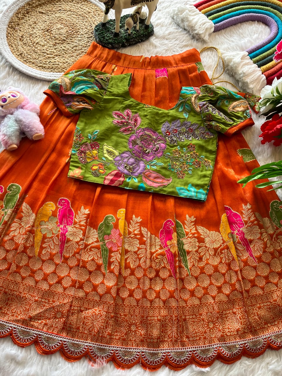 Kids lehenga made from viscose tissue silk is