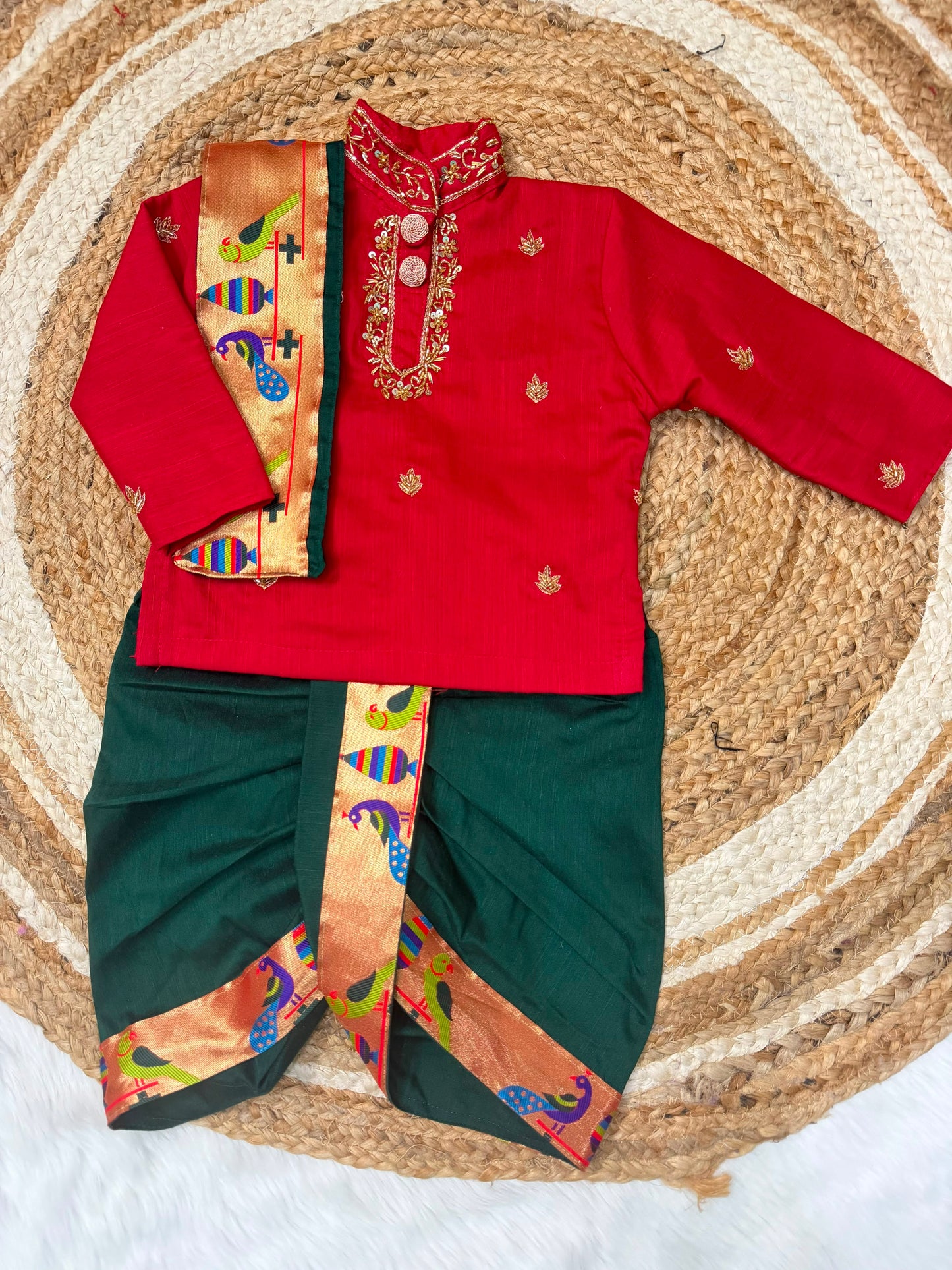 Boys Raw Silk Kurta with Dhoti Set | Paithani Border | Maggam Work