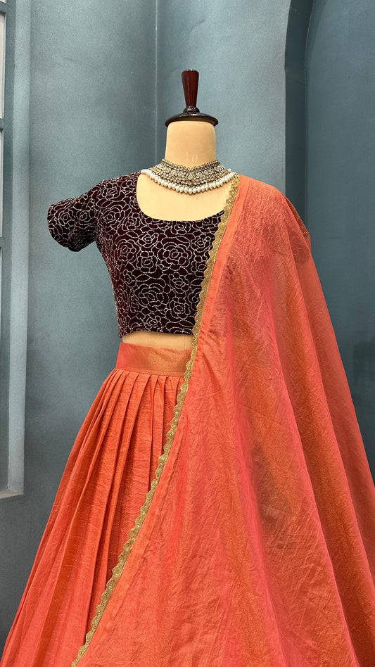 South tissue silk with velvet machine work lehenga