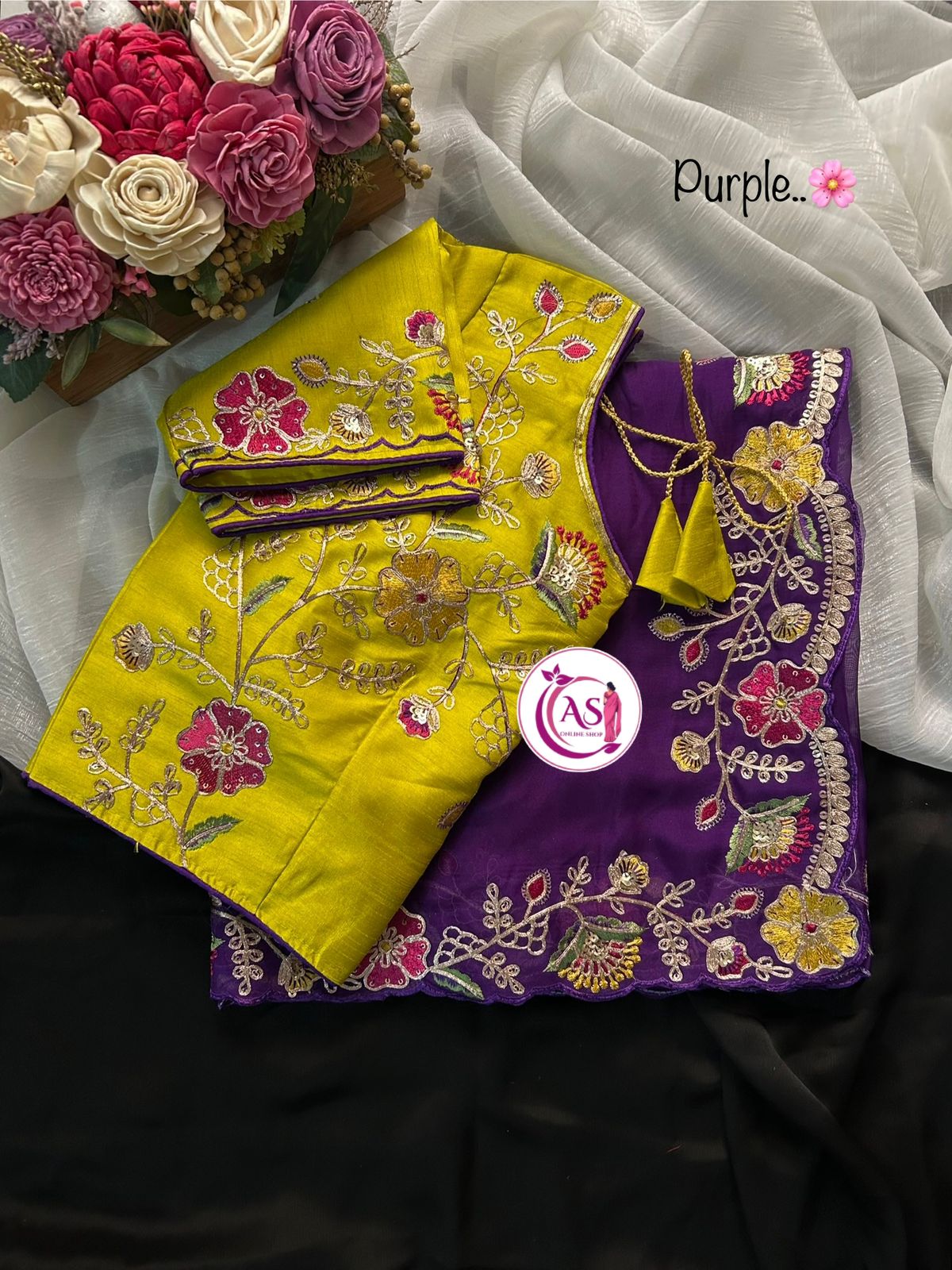 Organza blooming sari with designer stitched blouse
