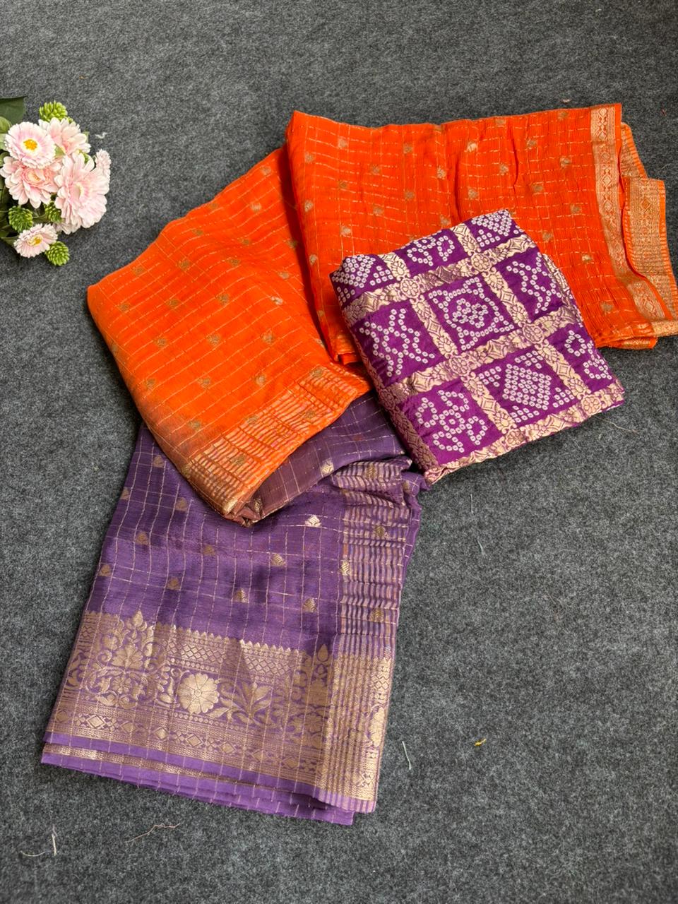 2d shade vintage Chinnon saree with Bandhani style