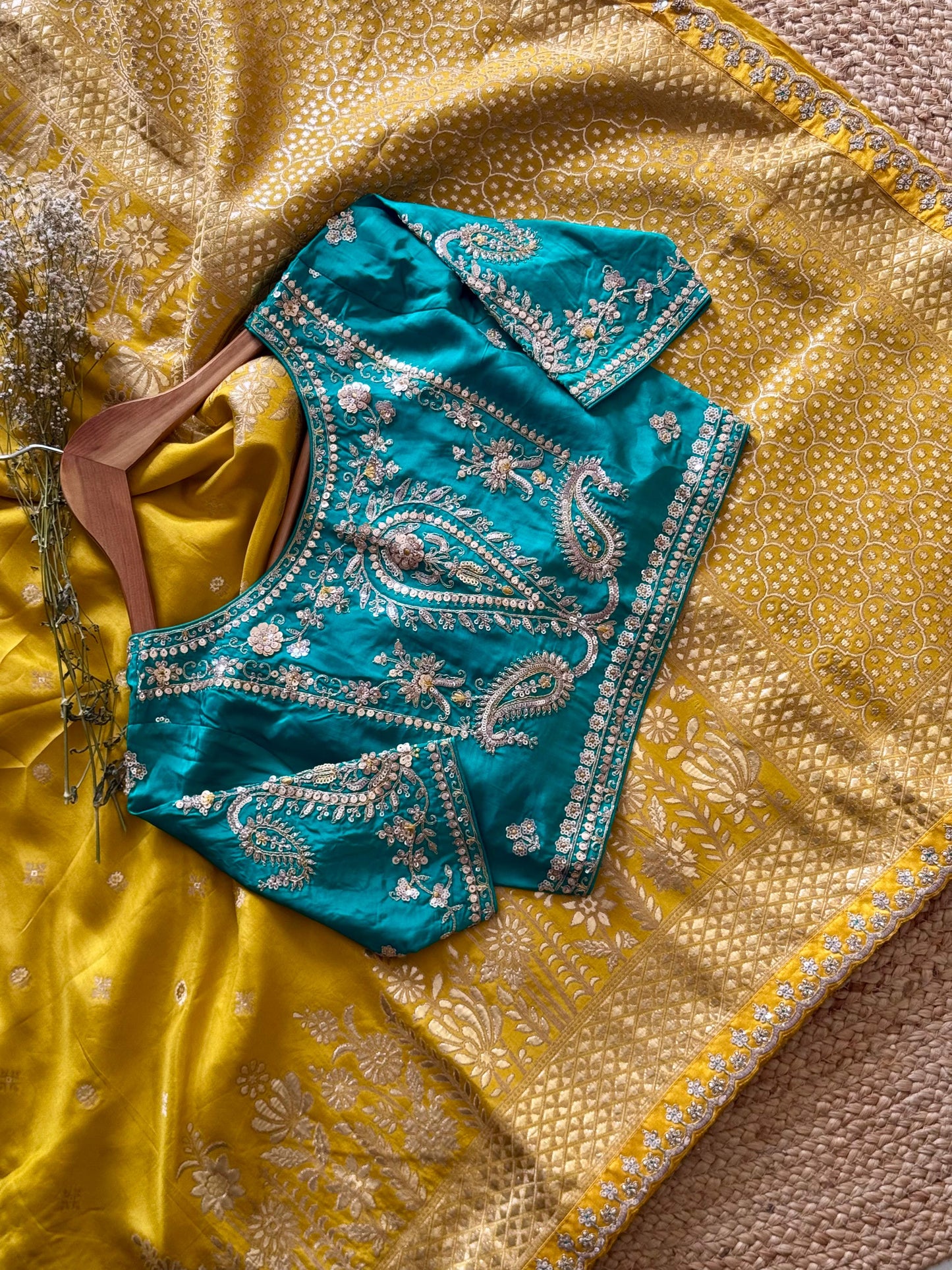 Luxe saree with stitched blouse Munga haldirasam saree