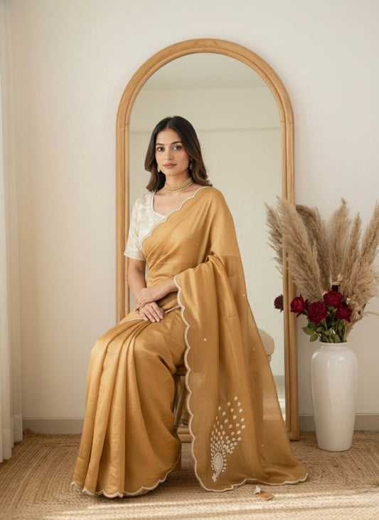 Gold peacock saree with stitched blouse