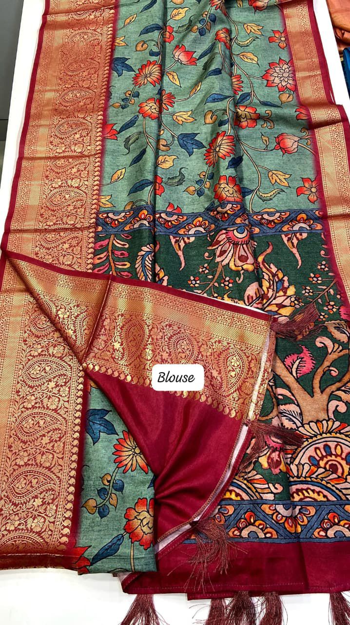 Tusser silk Kalmkari budget sarees