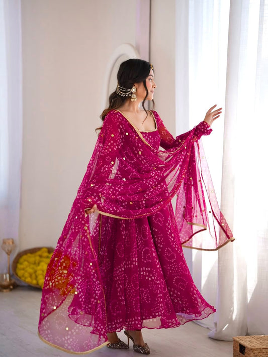 Bandhini style digital printed 3 piece Anarakali sets