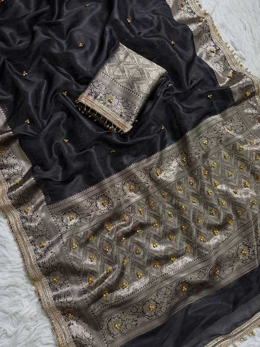 Banarasi Tissue Zari Weaving Border Saree ghungroo work