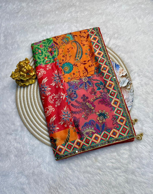 Trendy soft Chinnon mirror sarees