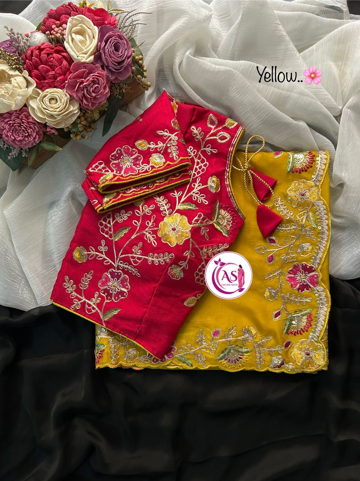 Organza blooming sari with designer stitched blouse