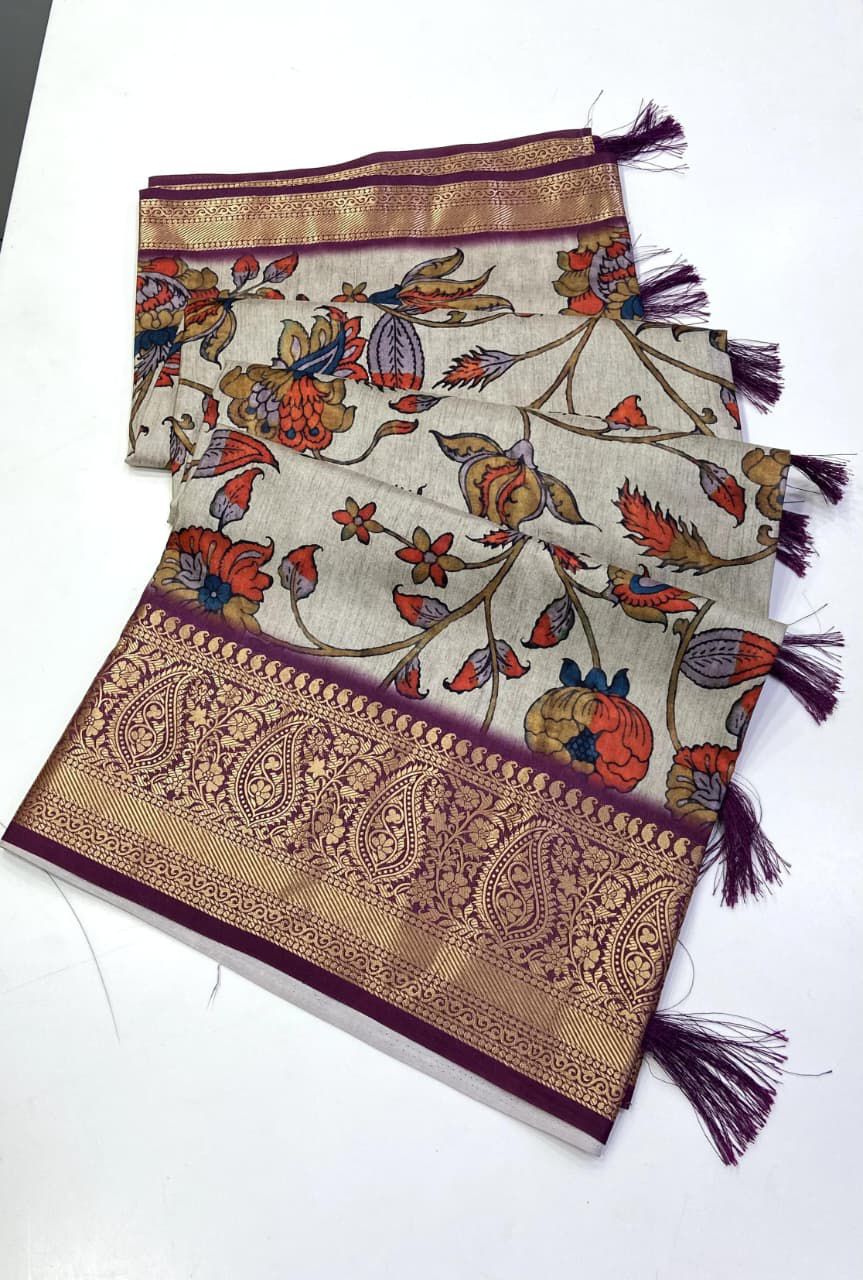 Tusser silk Kalmkari budget sarees