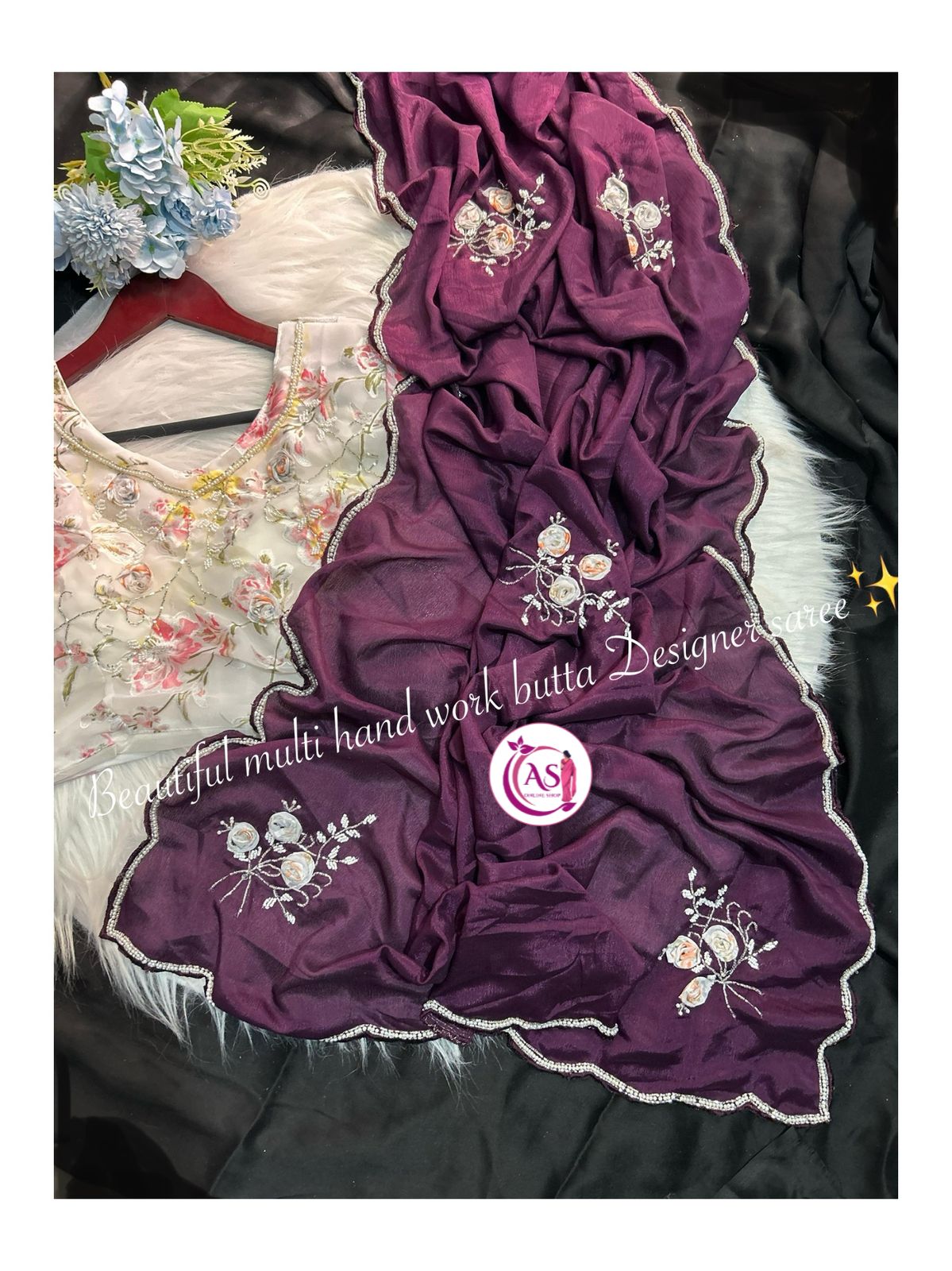 Chinon designer Moti mirror, hand, cut stitched blouse sarees
