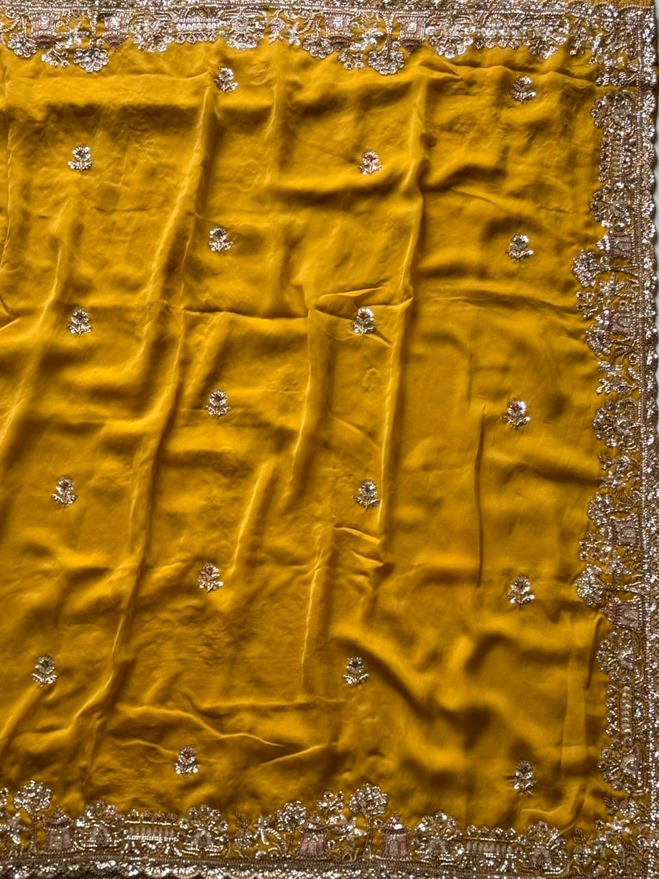 Cocktail handwork luxe gold finish sarees with Cutdana sequence work