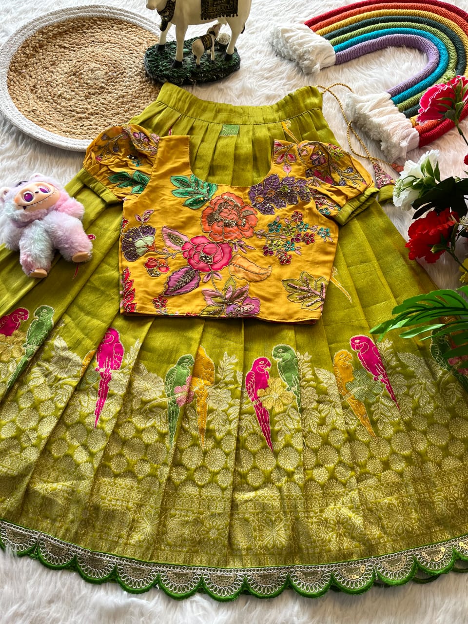 Kids lehenga made from viscose tissue silk is