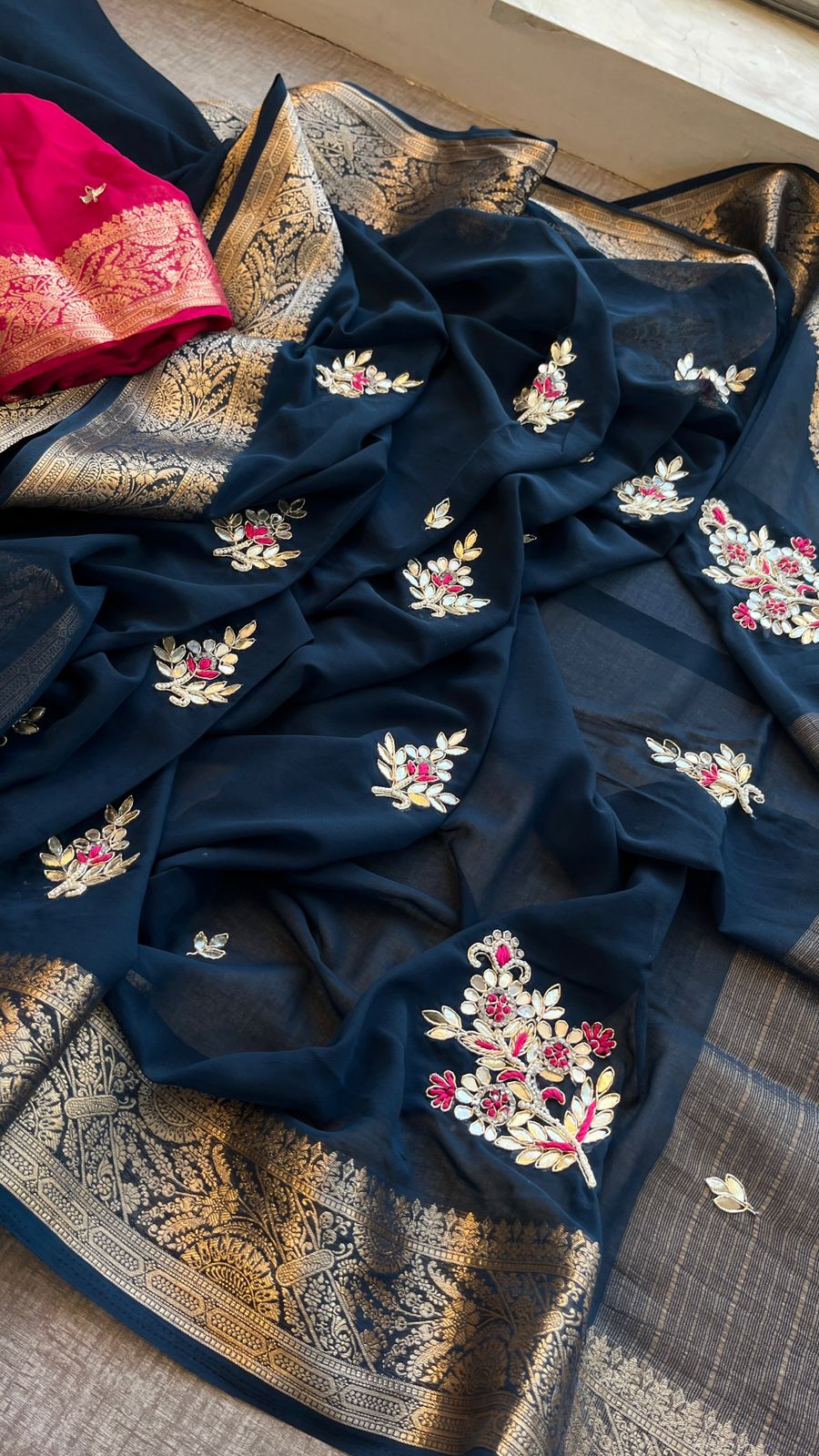 Hand work saree with contrast blouse