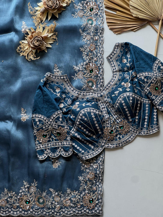 Cocktail Ocean blue luxe Saree with stitched blouse