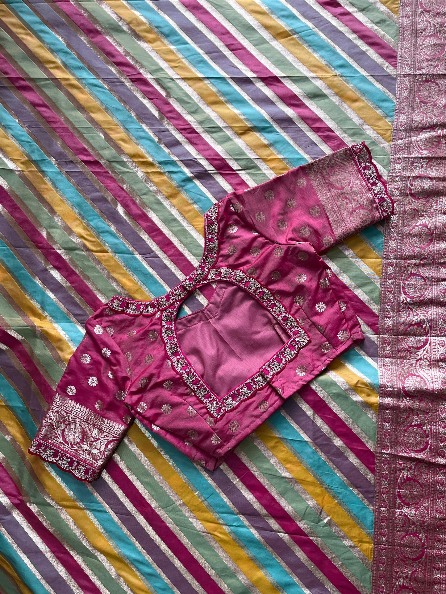 Banarasi pattu saree with lehariya stiched blouse