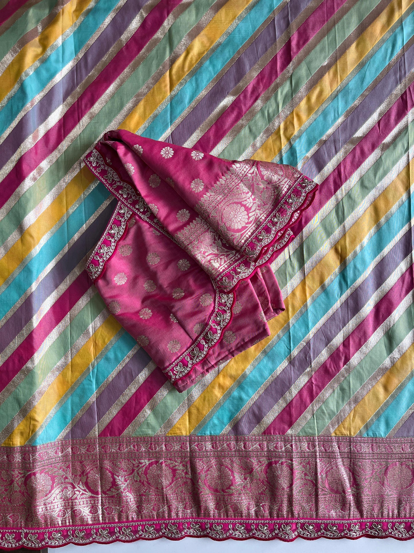 Banarasi pattu saree with lehariya stiched blouse