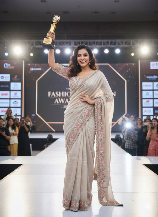 Ivory 1 min saree with fully stitched blouse