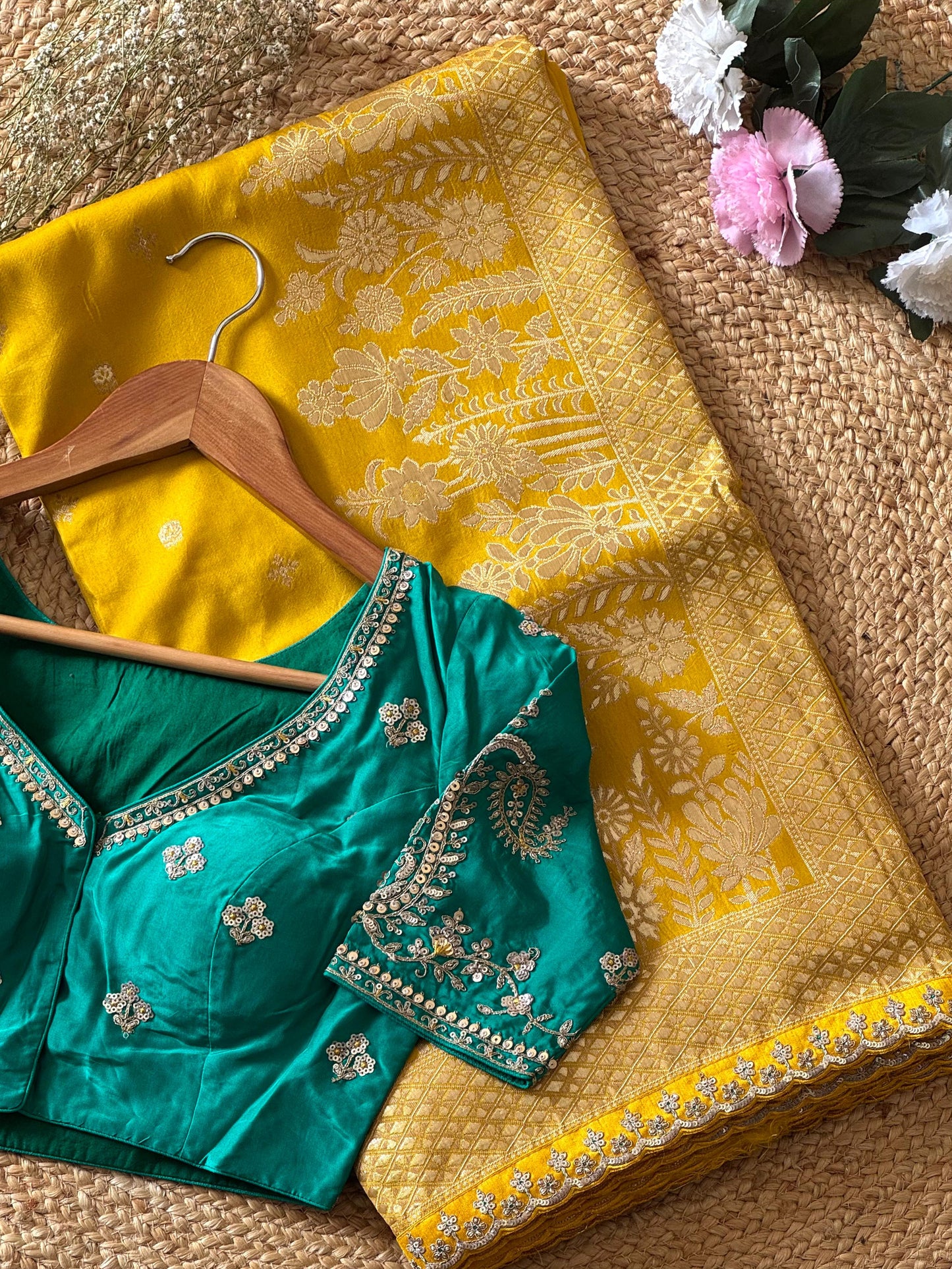Luxe saree with stitched blouse Munga haldirasam saree