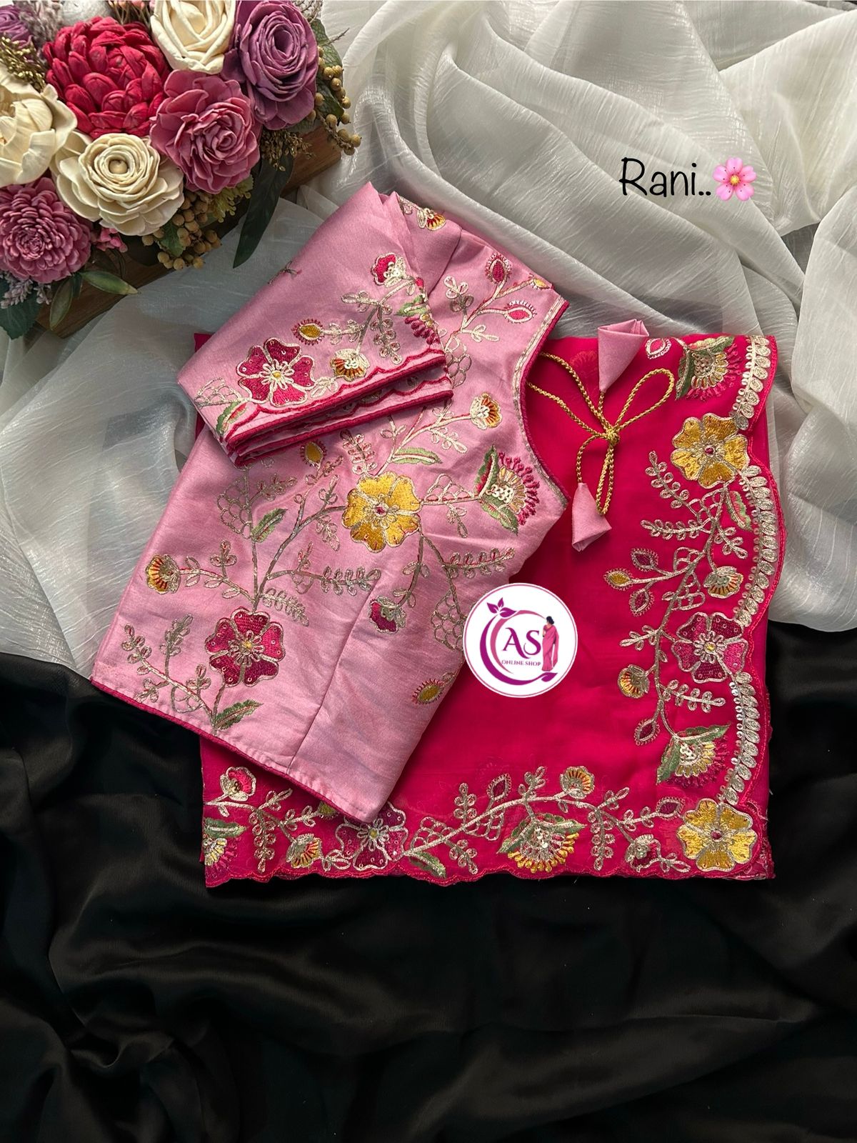 Organza blooming sari with designer stitched blouse