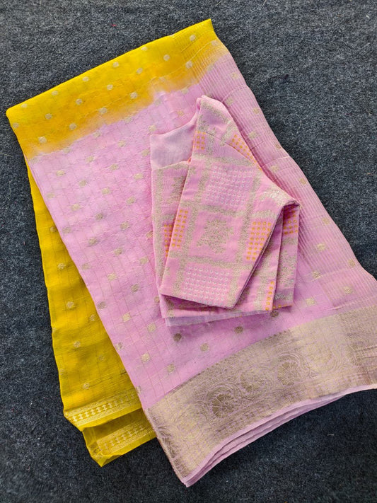 Viscose 2D chinnon saree with stitched blouse