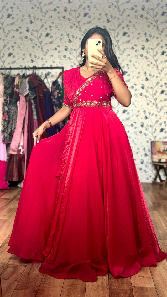 Pink Maggam fusion long Gowns