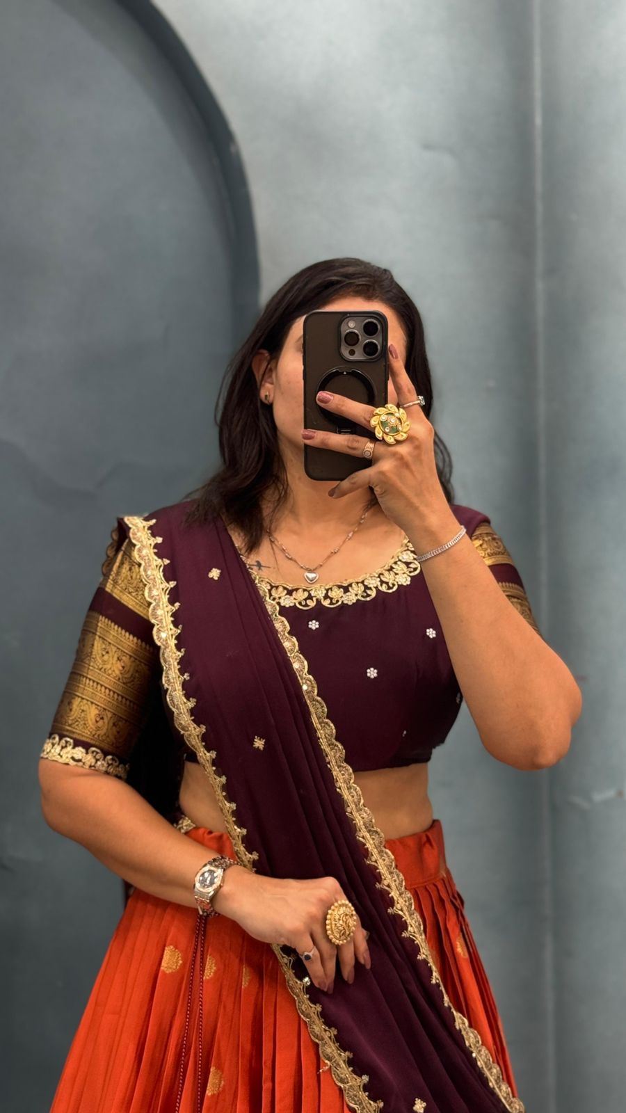 Kanchipuram Orange Trendy Aesthetic Designer Lehenga