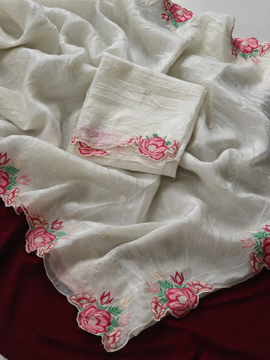 Pure Crush Silk Embroidery Cutwork Trendy Saree