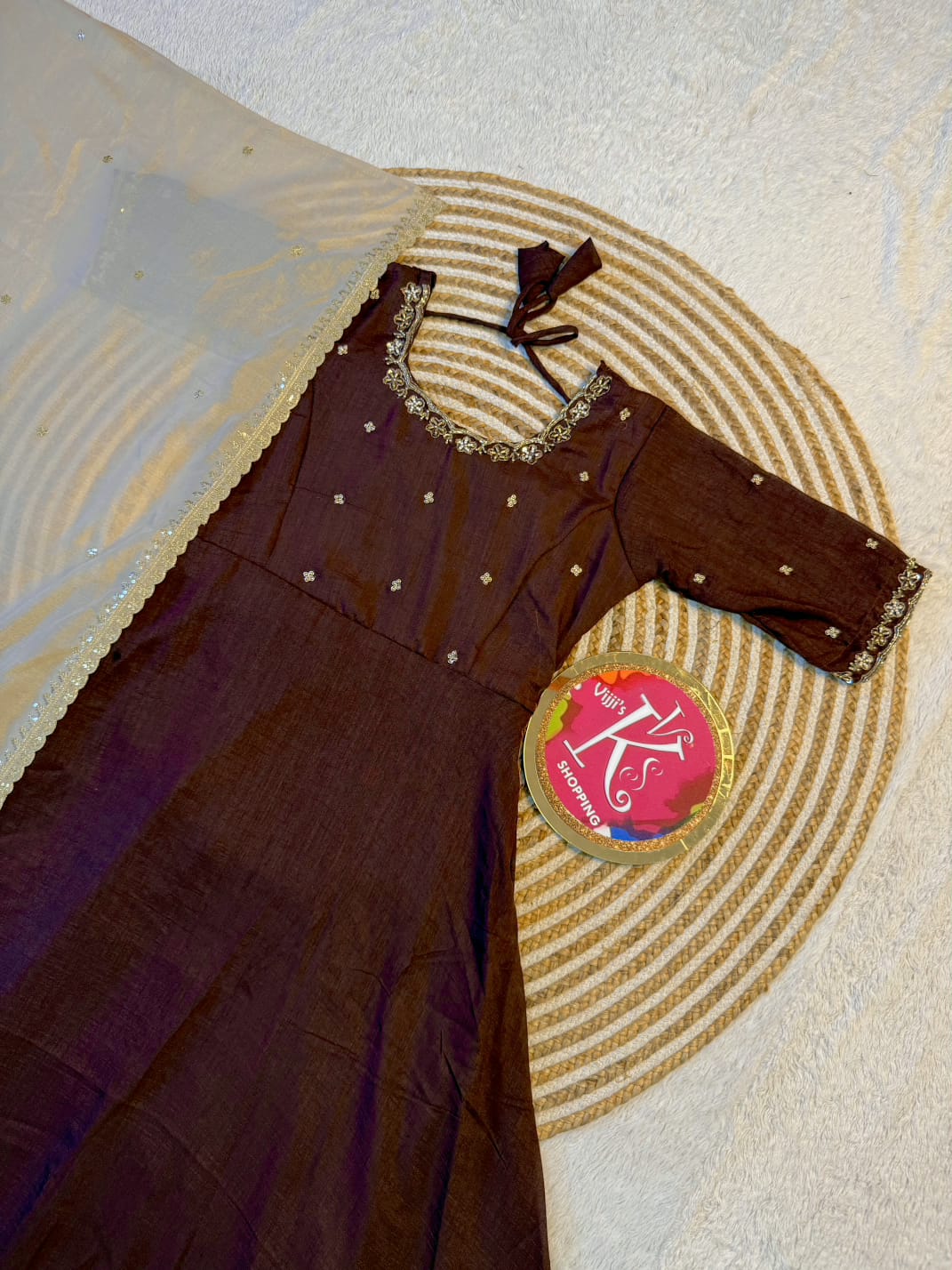 Vichitra silk maggam hand work gowns for cafe