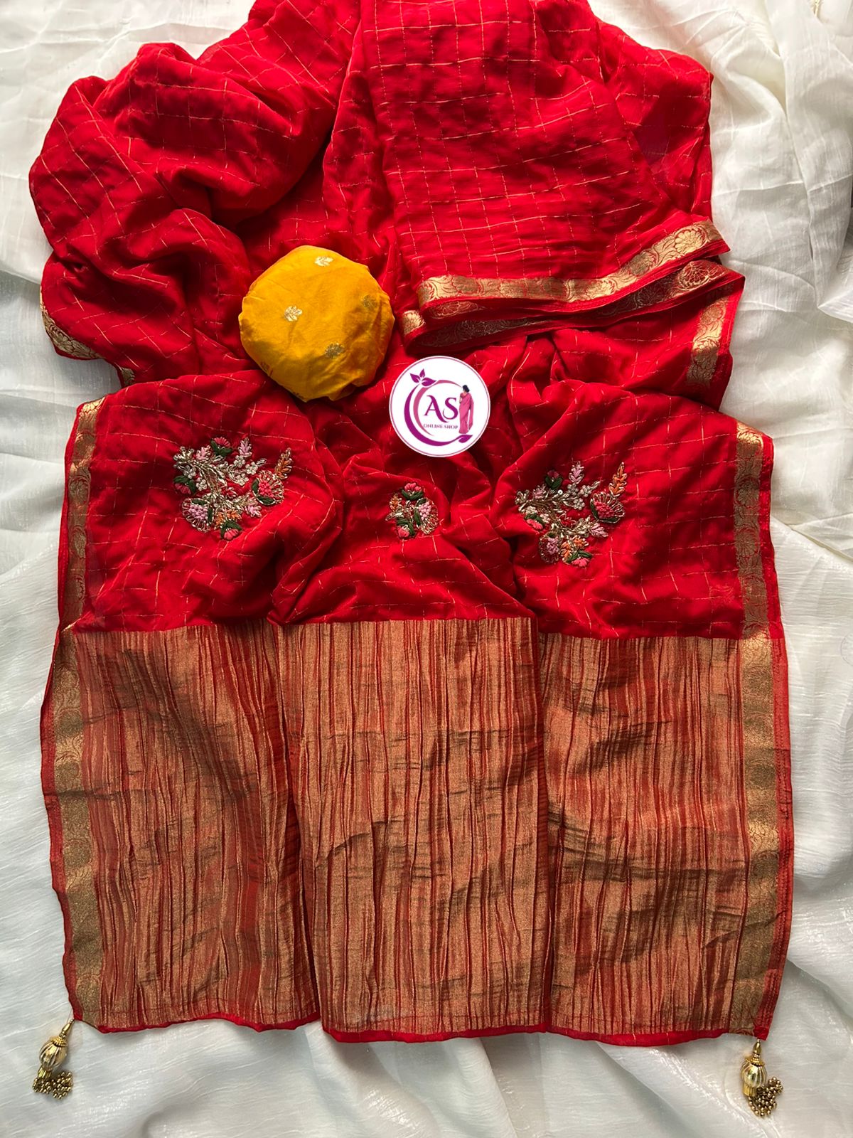 JarDoshi and cutdana handwork flower butta chinon budget sareee
