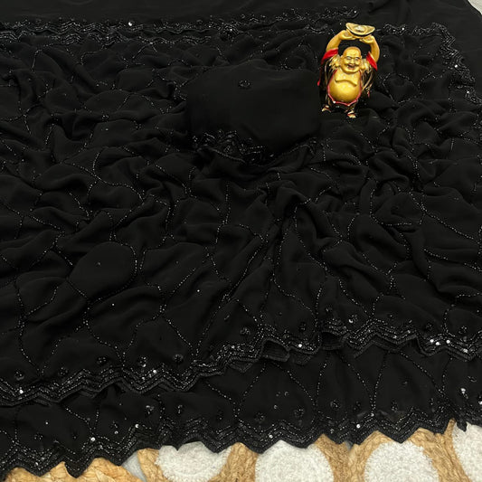 Trending black beauty georgette velvet shine saree
