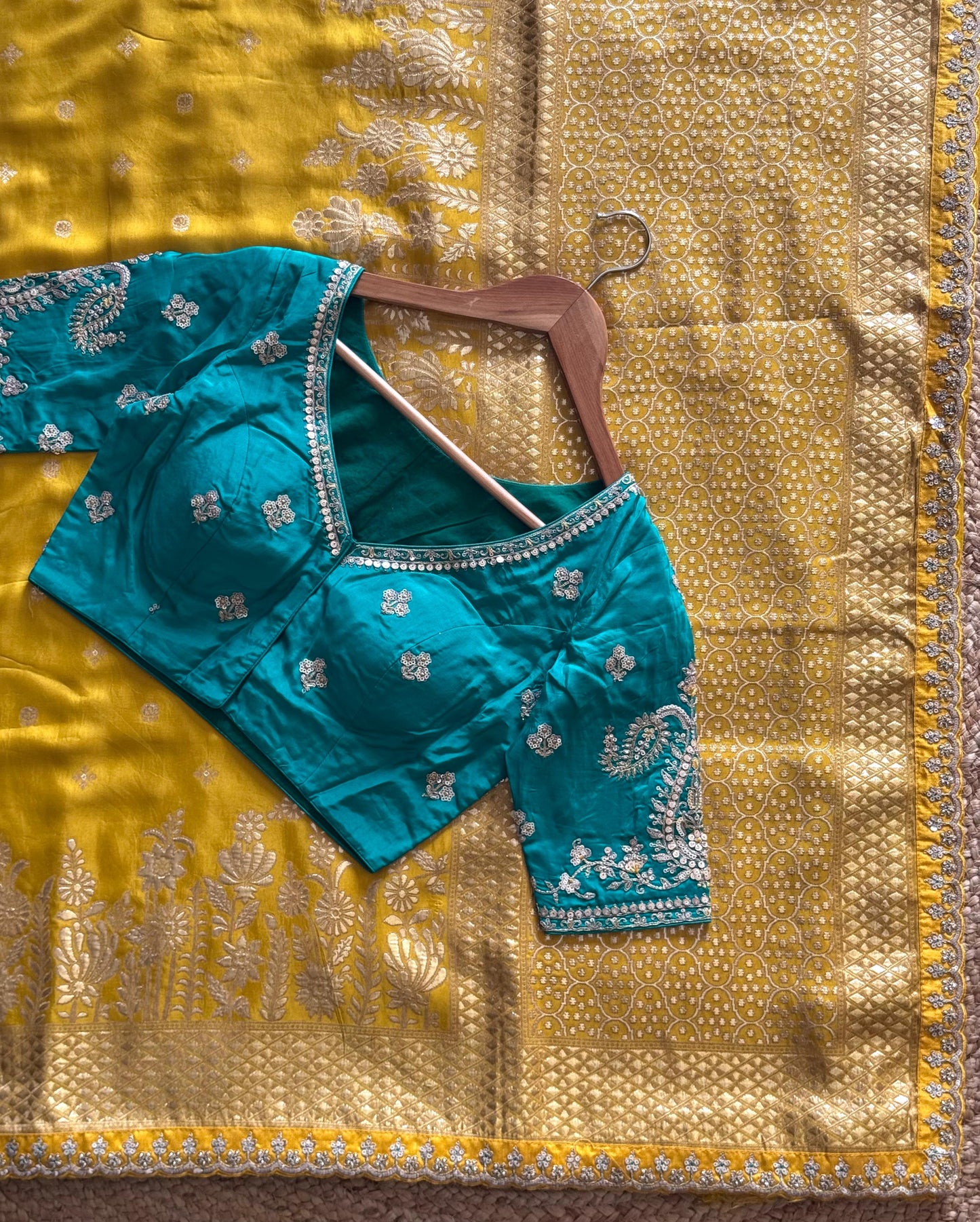 Luxe saree with stitched blouse Munga haldirasam saree
