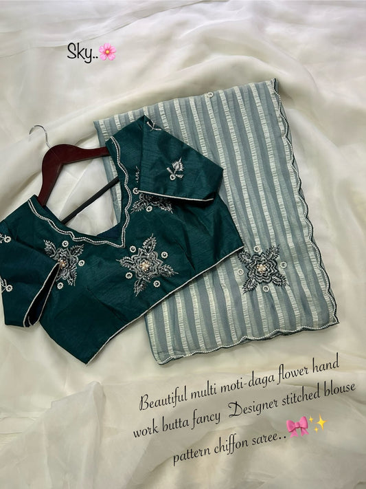 Kaveri chffon pattern work saree with stitched blouse
