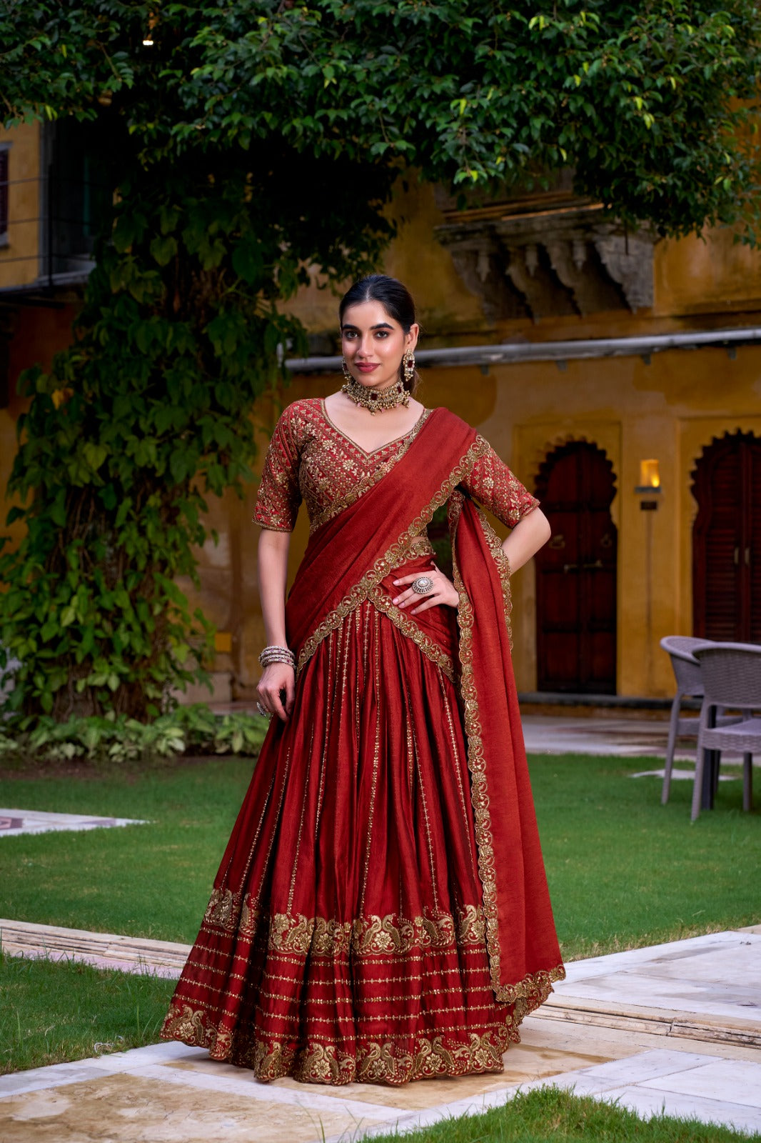 Rust Orange Lehenga Chili Embroidery Lehenga Luxe